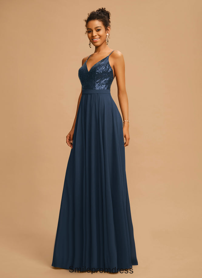 Sequins With Iris Floor-Length A-Line Prom Dresses V-neck Sequined Chiffon