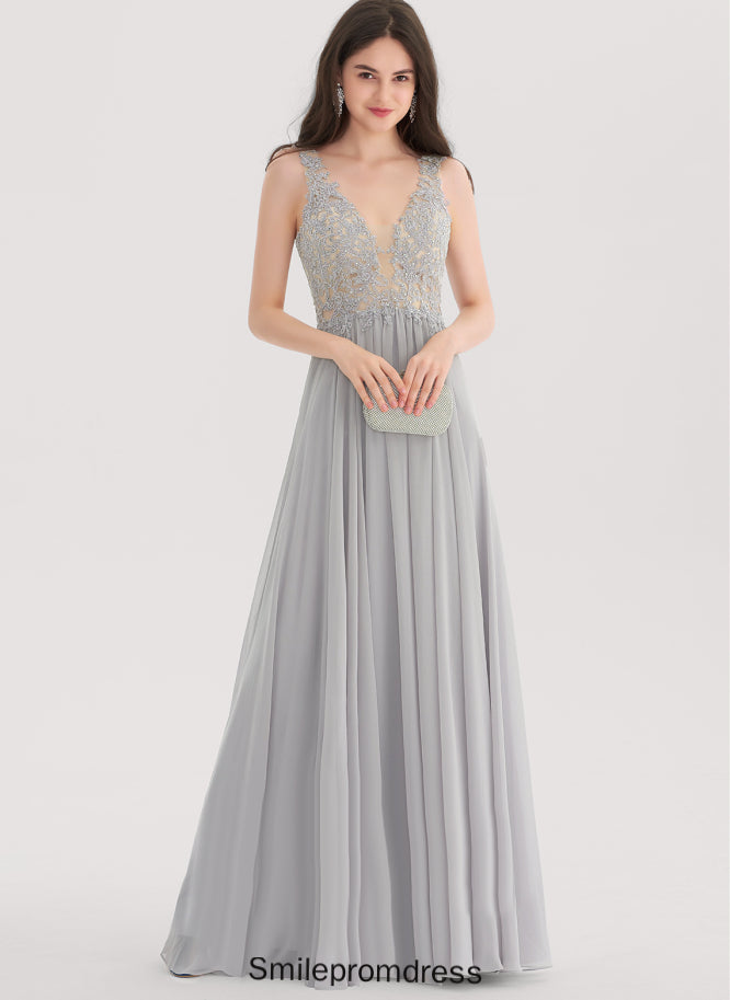Floor-Length Prom Dresses Chiffon With A-Line V-neck Rhinestone Lace Dania