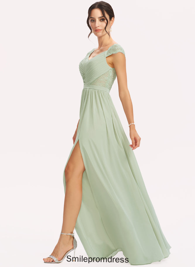Embellishment Length SplitFront Neckline Lace A-Line Floor-Length V-neck Silhouette Fabric Fernanda A-Line/Princess Bridesmaid Dresses