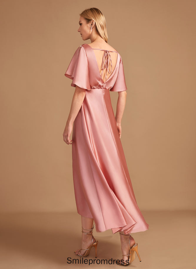Straps Satin Asymmetrical Neckline Fabric HighNeck A-Line Silhouette Length Nayeli Bridesmaid Dresses