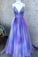 Purple A Line Spaghetti Strap V-neck Beading Belt Tulle Prom Dresses