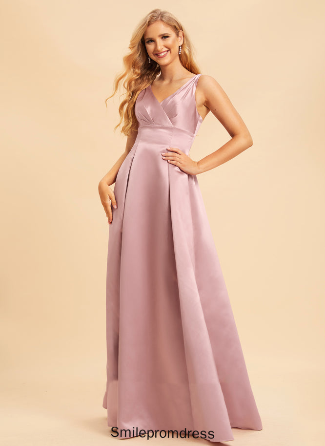 Satin Neckline Fabric A-Line Floor-Length Straps V-neck Length Silhouette Amari Natural Waist Sleeveless Bridesmaid Dresses