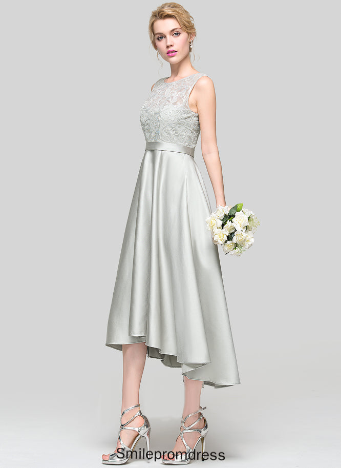 Fabric Satin A-Line ScoopNeck Neckline Lace Silhouette Asymmetrical Straps Length Liberty Floor Length Bridesmaid Dresses