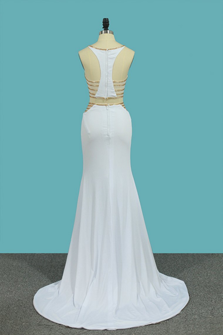 New Arrival Spaghetti Straps Mermaid Prom Dresses Spandex With Beading