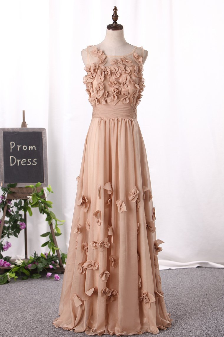 Prom Dresses Scoop A Line With Handmade Flower And Ruffles Floor Length