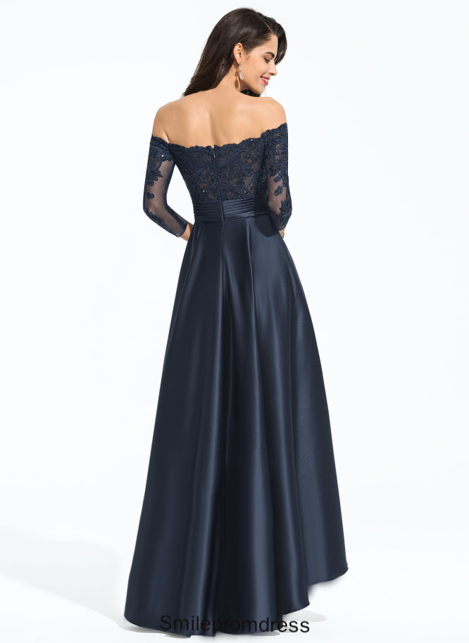 Sequins Cascading A-Line Satin Asymmetrical Off-the-Shoulder With Polly Lace Ruffles Prom Dresses