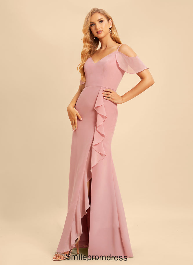 Silhouette Length Embellishment Ruffle Fabric V-neck Floor-Length SplitFront A-Line Neckline Madilyn A-Line/Princess Bridesmaid Dresses