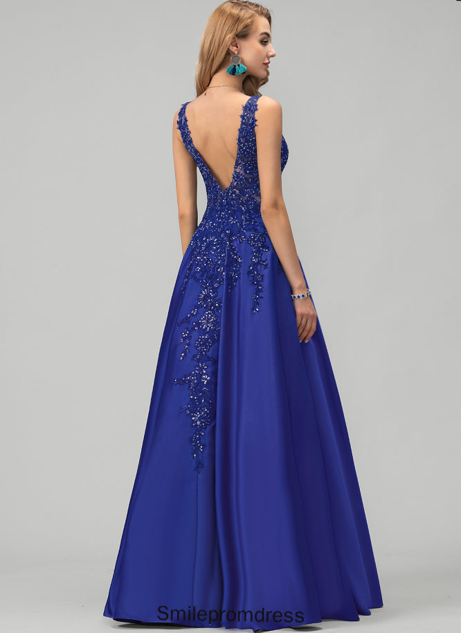 Tricia Satin Sequins A-Line Prom Dresses With Floor-Length V-neck