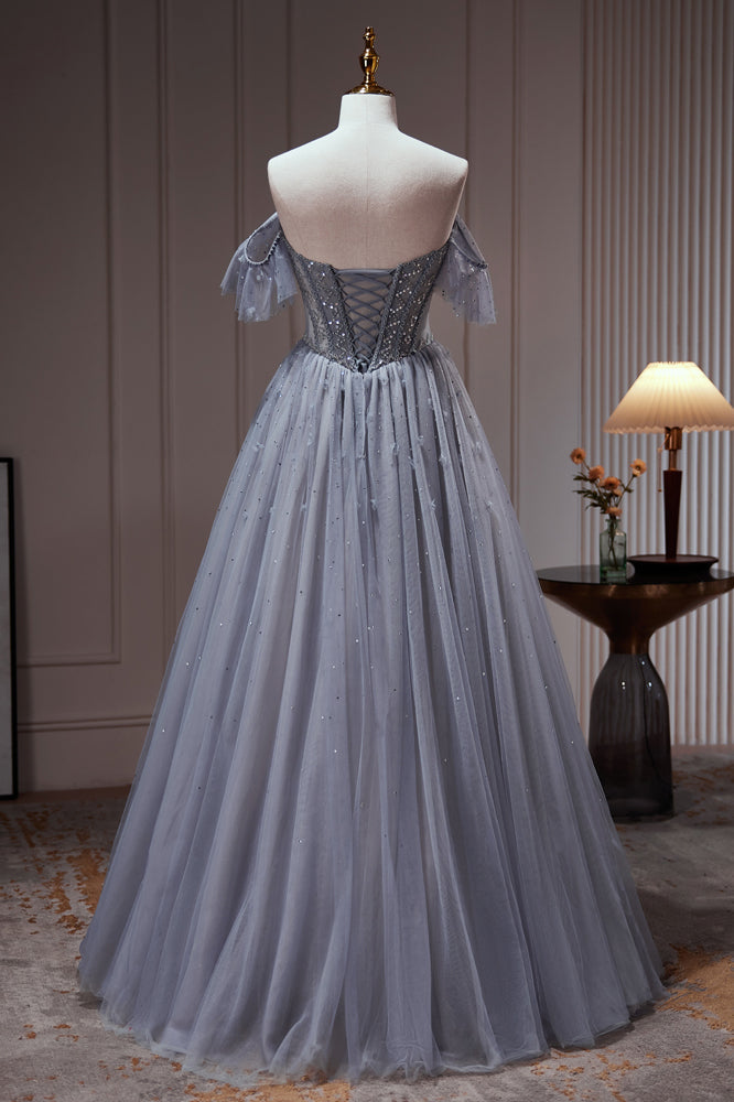 Chic Dusty Blue Beading Off The Shoulder A Line Tulle Long Prom Dresses