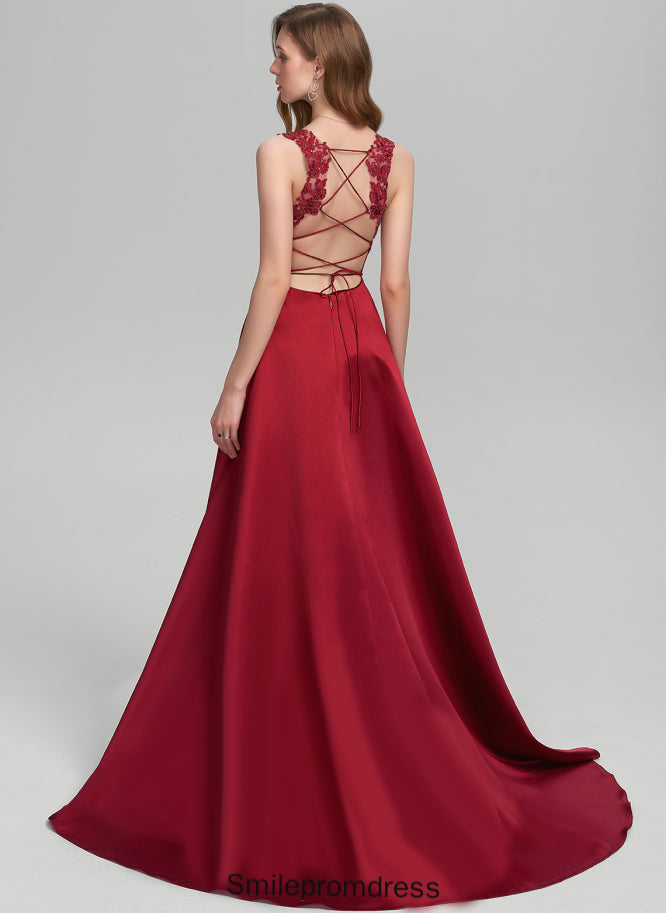 Ball-Gown/Princess V-neck Sequins Sweep With Satin Train Prom Dresses Lace Yazmin