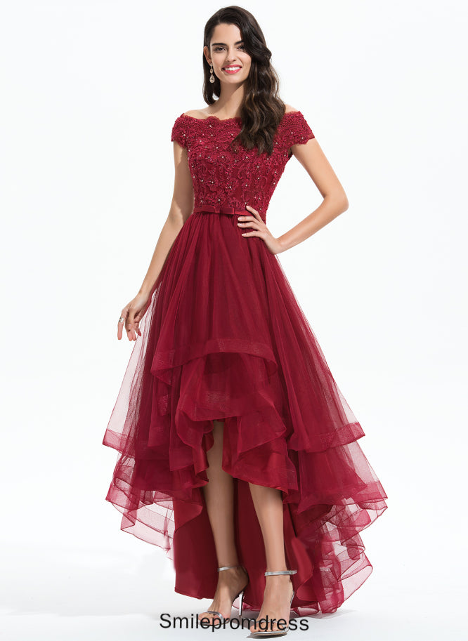 Beading Tulle Off-the-Shoulder Prom Dresses Asymmetrical Mimi Bow(s) Sequins Lace With A-Line