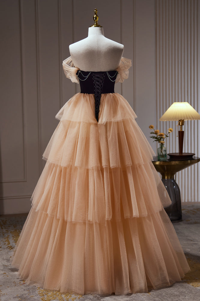 Pretty Champagne Off The Shoulder Beading A Line Tulle Long Prom Dresses