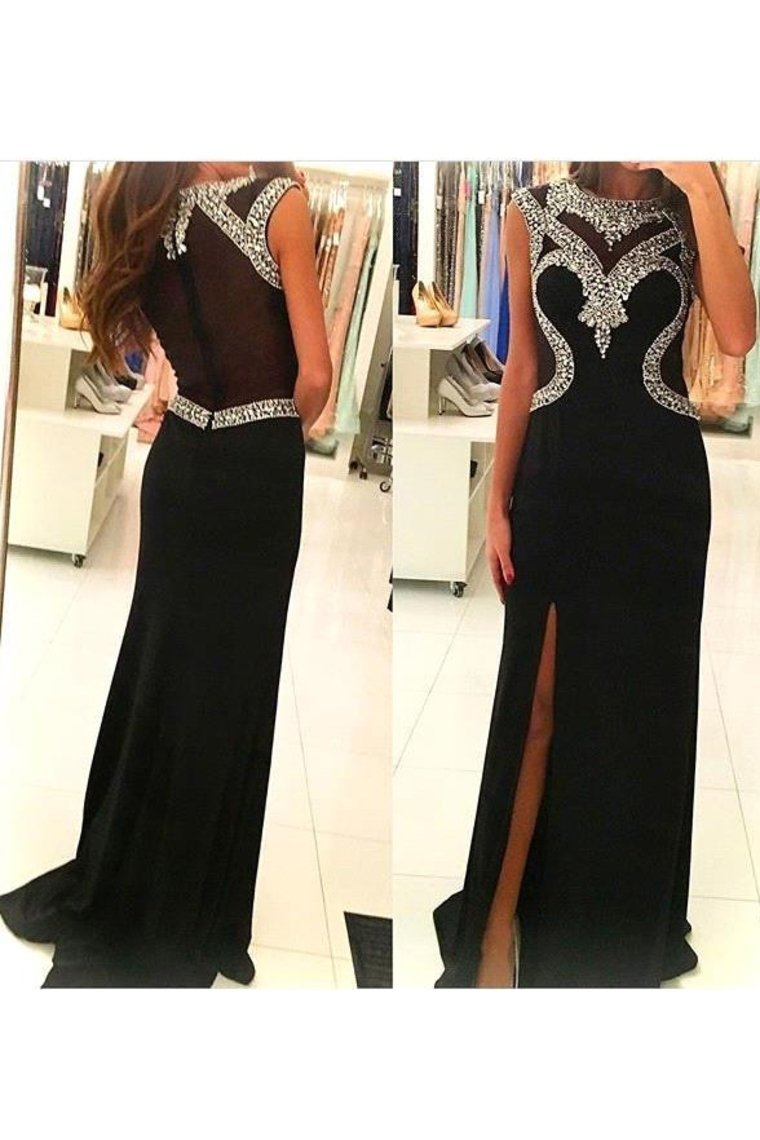 Mermaid Prom Dresses Scoop With Beads And Slit Spandex