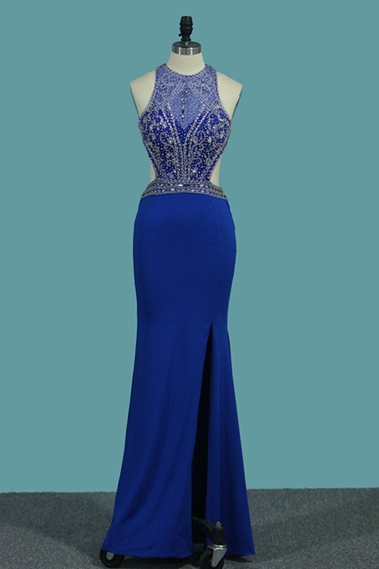 Open Back Scoop With Beads And Slit Mermaid Prom Dresses
