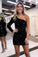 Cute One Shoulder Black Sequins Short Homecoming Dresses