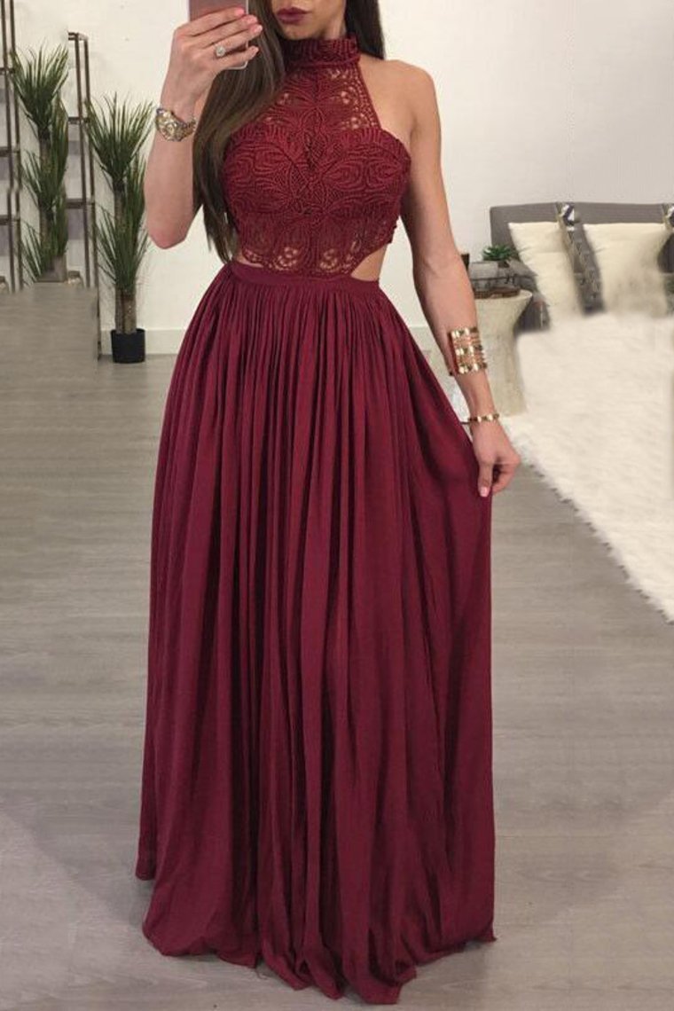 2021 High Neck A Line Chiffon & Lace Floor Length Prom Dresses