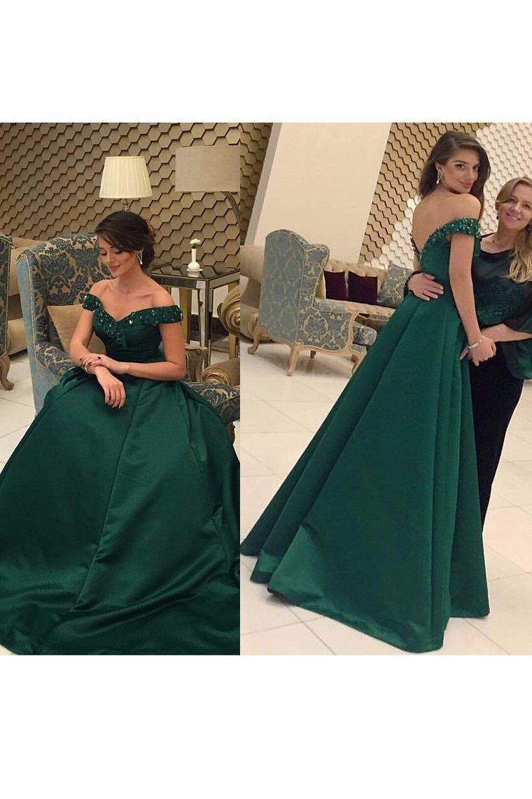 2021 New Arrival Prom Dresses A Line Off The Shoulder With Beading Satin