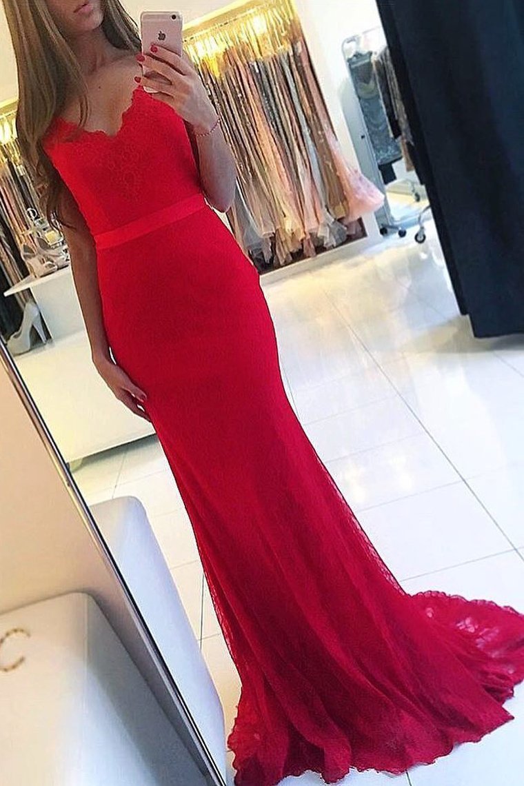 V Neck Mermaid Lace Prom Dresses With Sash Sweep Train