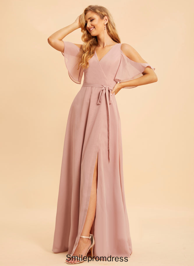 Silhouette A-Line SplitFront Neckline Fabric Floor-Length Embellishment V-neck Length Katie Bridesmaid Dresses