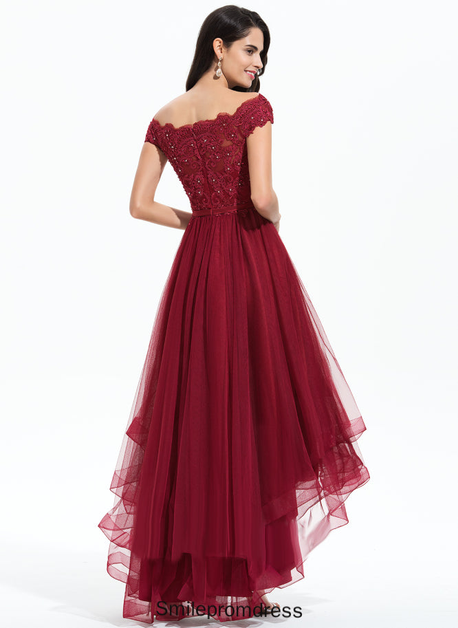 Beading Tulle Off-the-Shoulder Prom Dresses Asymmetrical Mimi Bow(s) Sequins Lace With A-Line