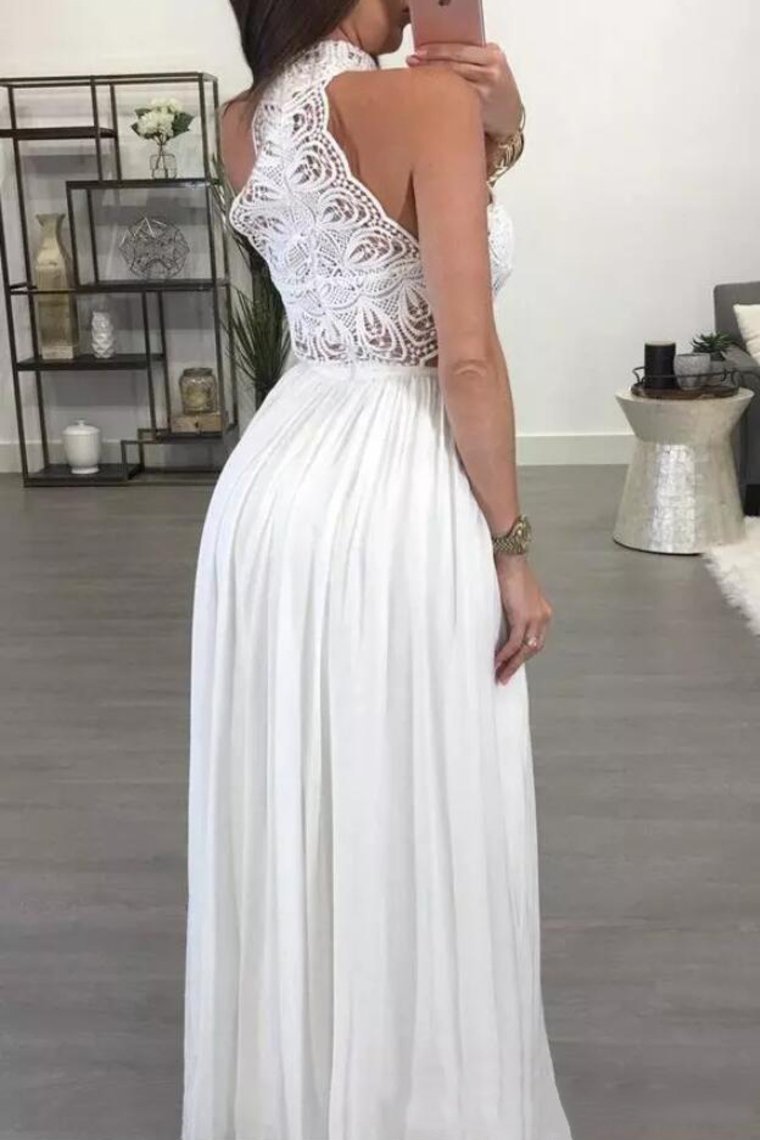 2021 High Neck A Line Chiffon & Lace Floor Length Prom Dresses