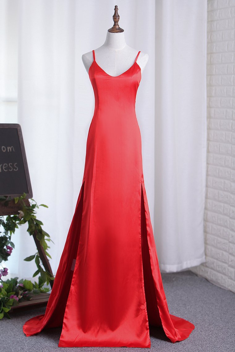 Sexy Sheath/Column Red Slit Evening Dresses Elastic Satin