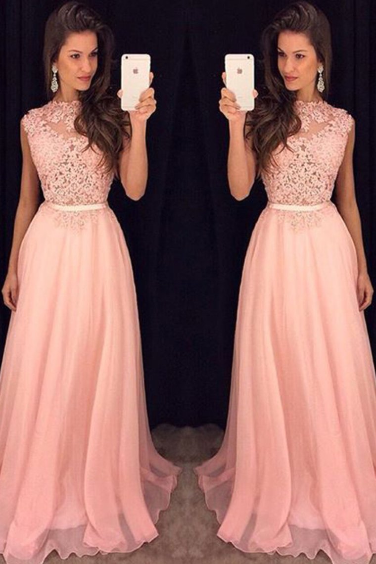 2021 Prom Dresses Scoop A Line Chiffon With Applique Zipper Up