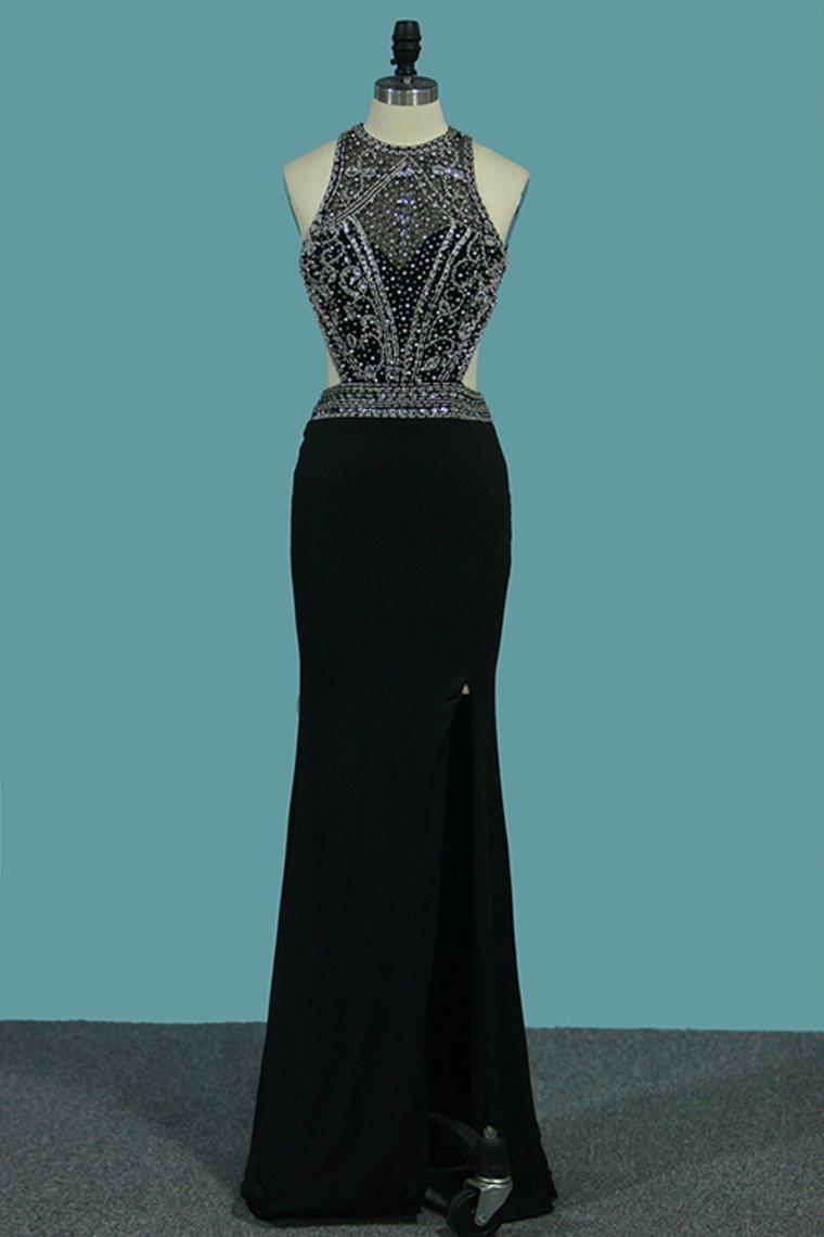 Open Back Scoop With Beads And Slit Mermaid Prom Dresses