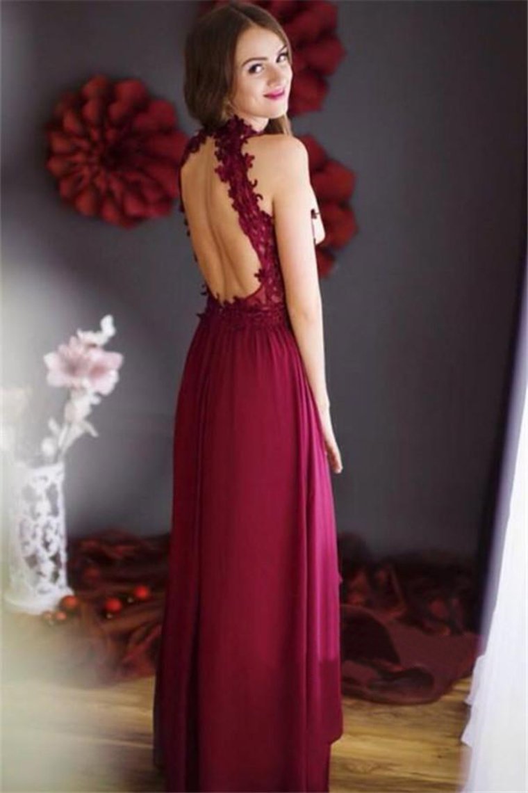 2021 High Neck Open Back With Applique Chiffon A Line Prom Dresses