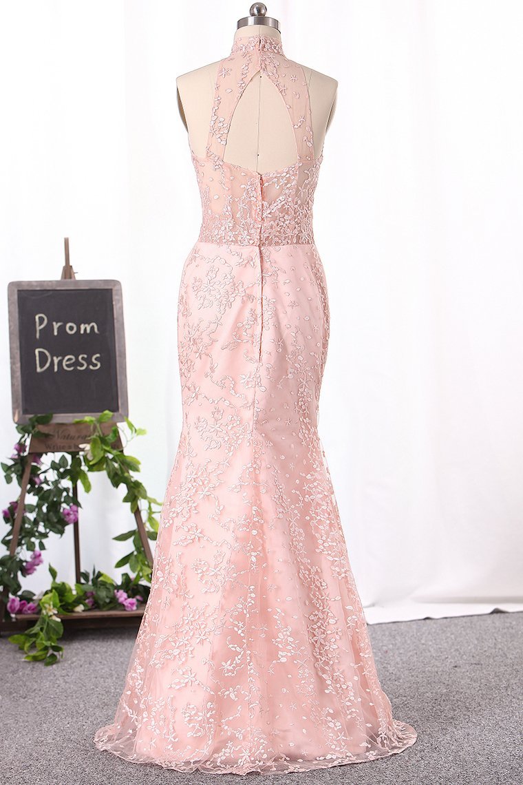 Gorgeous High Neck Lace Prom Dresses Floor-Length