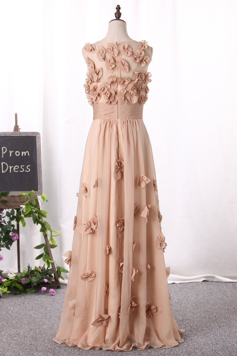 Prom Dresses Scoop A Line With Handmade Flower And Ruffles Floor Length
