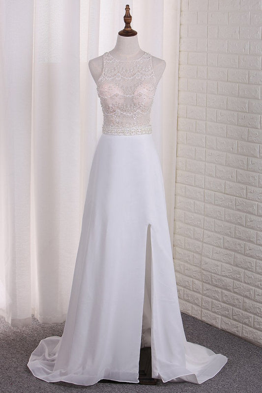 New Arrival A Line Scoop Chiffon & Lace Wedding Dresses With Slit