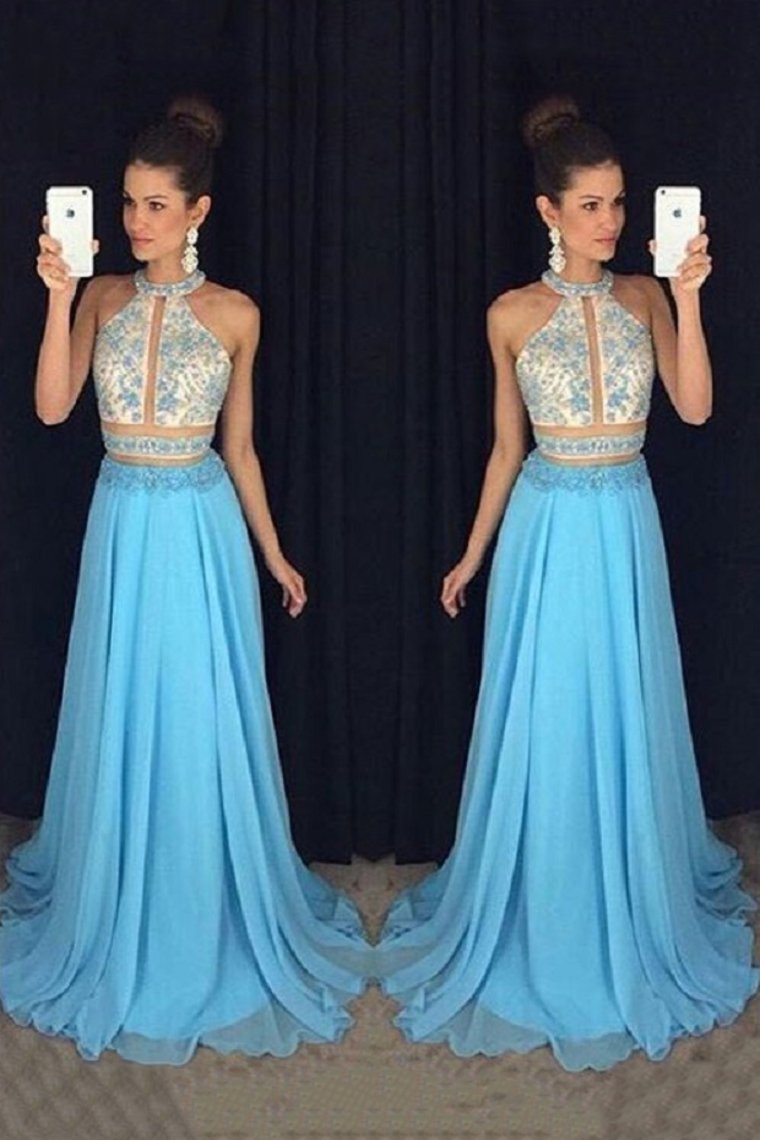 Two Pieces Prom Dresses A-Line Chiffon With Beaded Bodice Sweep Train