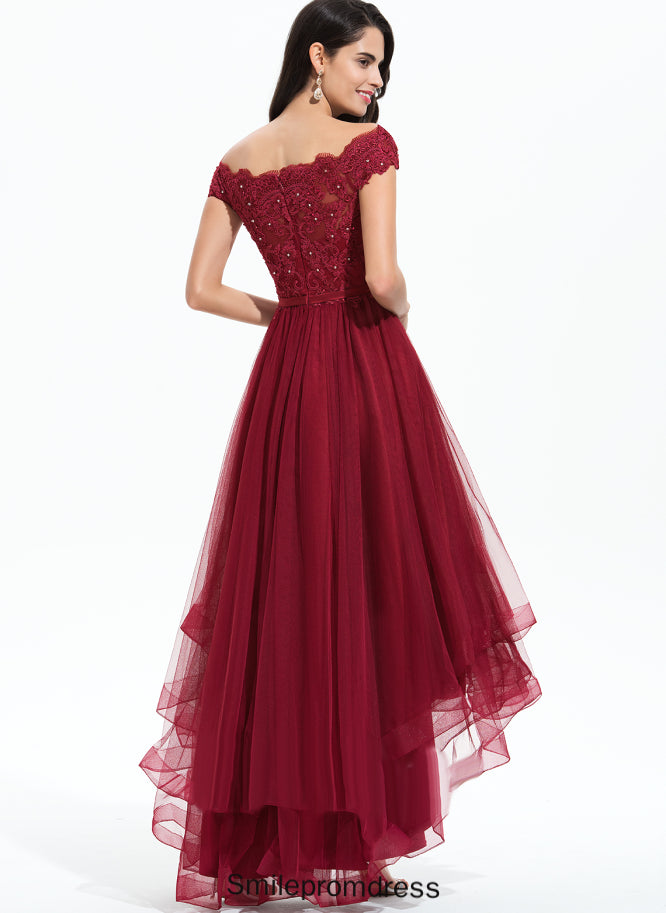 Bow(s) Silhouette Off-the-Shoulder Fabric A-Line Embellishment Length Asymmetrical Beading Neckline Annabel A-Line/Princess Bridesmaid Dresses