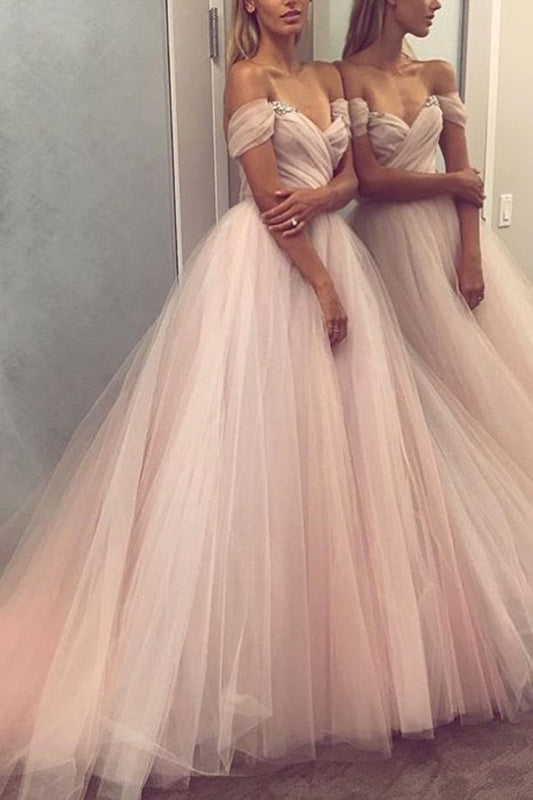 2021 A Line Off The Shoulder Tulle Prom Dresses With Beading And Ruffles