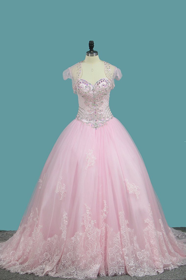 2021 Ball Gown Quinceanera Dresses Sweetheart Sweep/Brush Lace Up Back Applique And Beading