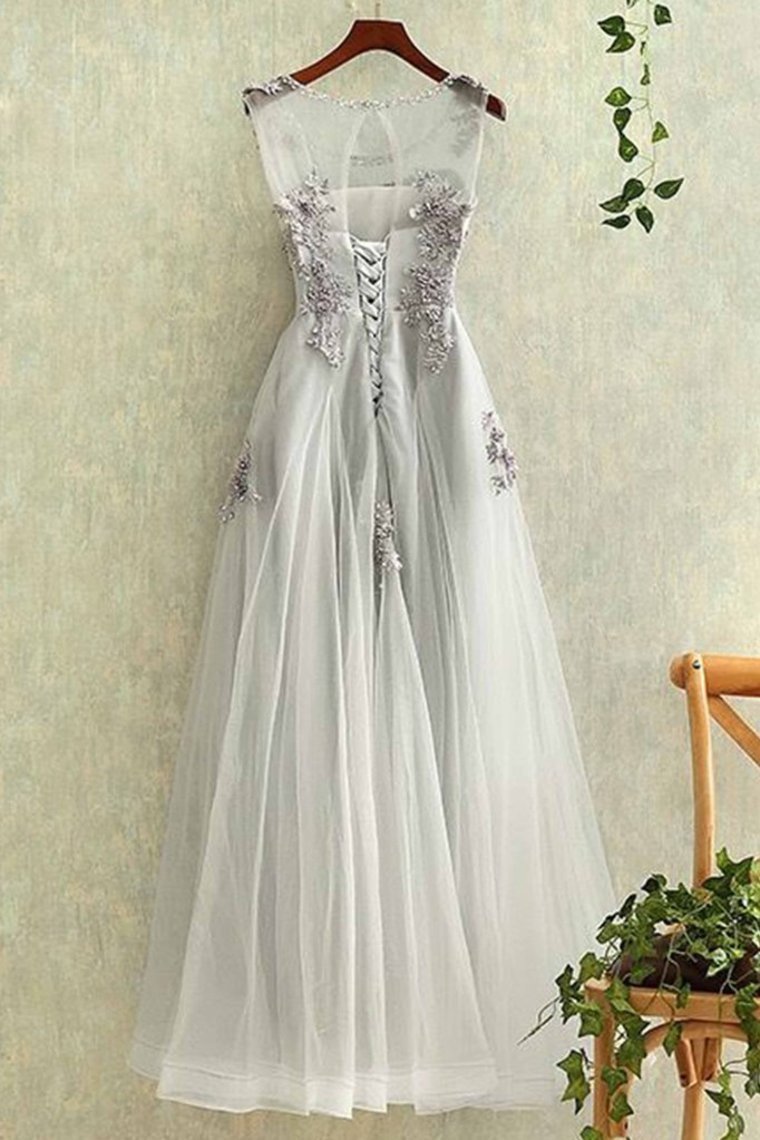 2024 Tulle With Applique A Line Prom Dresses Scoop Lace Up