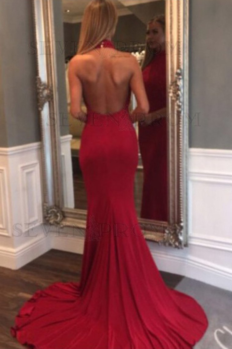 2021 Sexy Open Back Halter Ruched Bodice Evening Dresses Spandex Mermaid