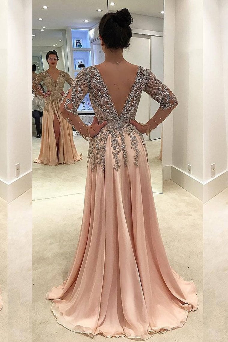 V Neck Long Sleeves Prom Dresses A Line Chiffon With Beads And Slit