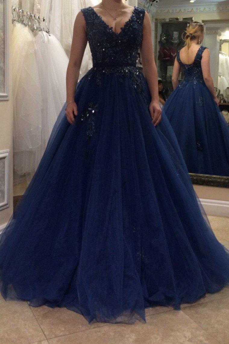 Tulle V Neck Prom Dresses A Line With Applique And Sash Sweep Train