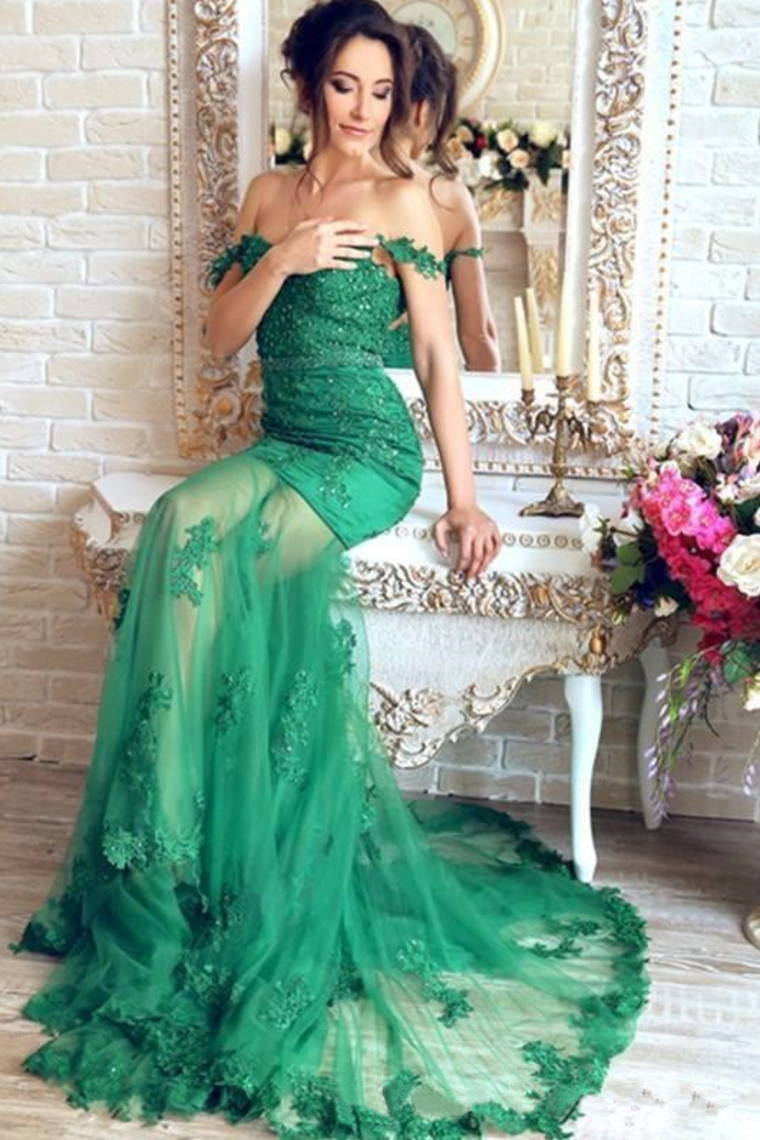2021 Off The Shoulder Mermaid Prom Dresses With Applique Tulle Sweep Train