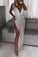 Silver Deep V-neck Long Prom Dresses High Split Sparkly Formal Dresses