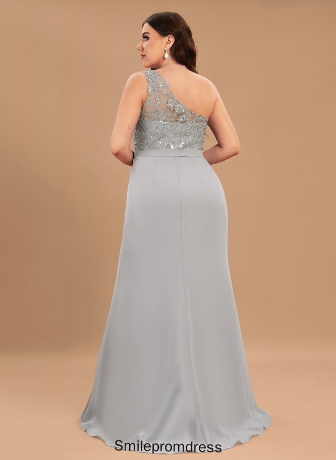 One-Shoulder Sequins Trumpet/Mermaid Fabric SweepTrain Neckline Silhouette Embellishment Length Clarissa V-Neck Floor Length Bridesmaid Dresses