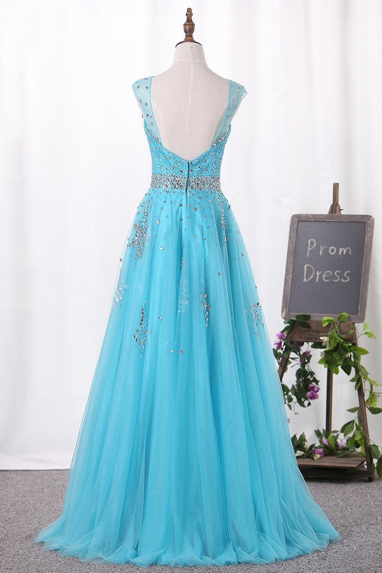 V-Neck A-Line Prom Dresses Tulle With Beadings Open Back Zipper Up