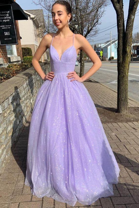 Sparkle Dresses A-line Lilac V-neck Formal Dresses Spaghetti Straps Long Prom