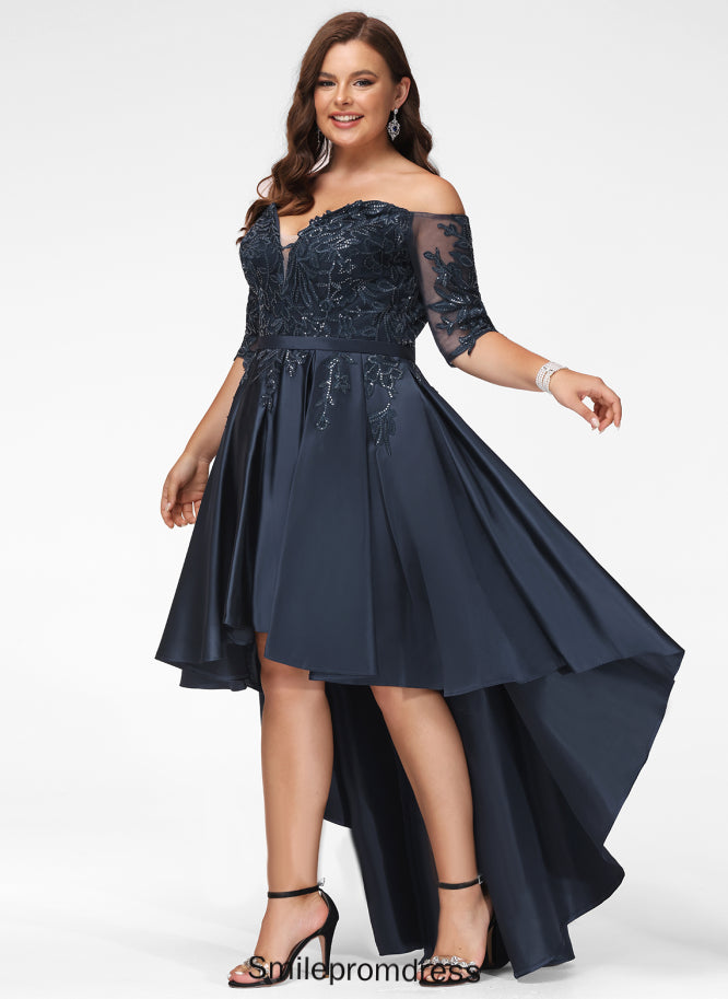 Satin Sequins With A-Line Prom Dresses Selena Lace Off-the-Shoulder Asymmetrical