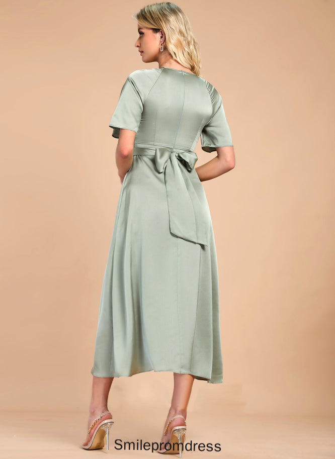 Club Dresses Short A-line Dresses Midi Satin Pearl Sleeves Round Elegant Neck