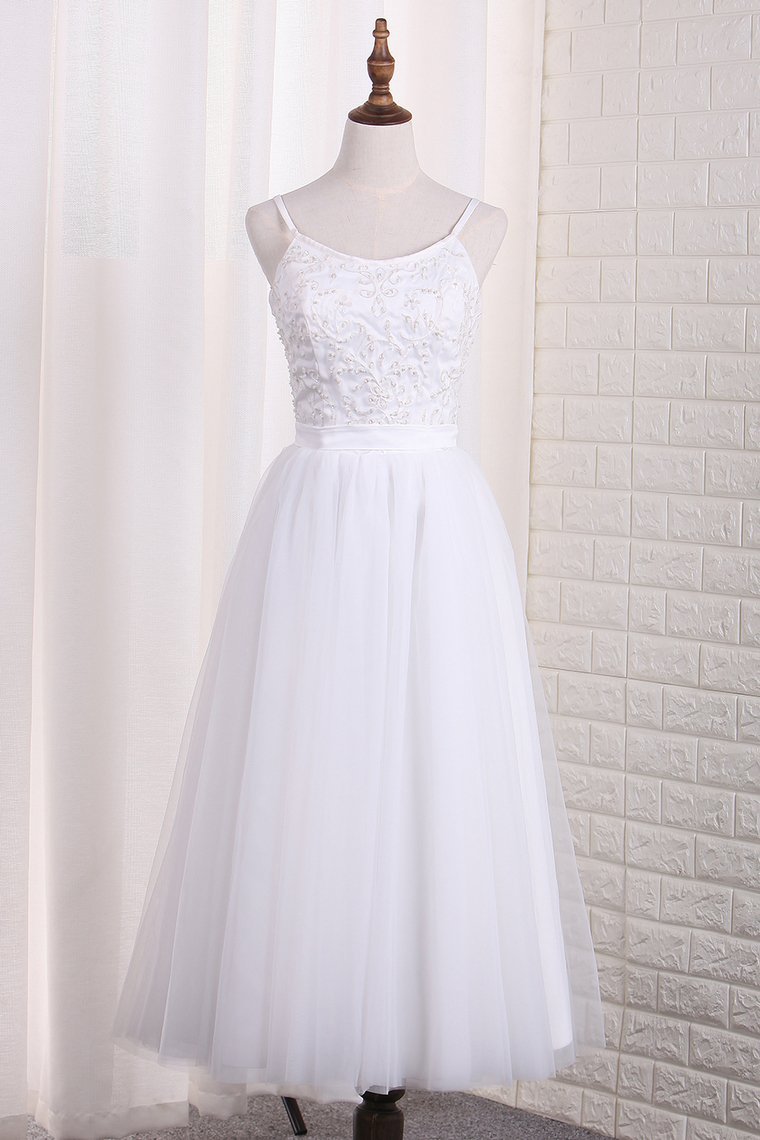 Spaghetti Straps A Line Bridesmaid Dresses Tulle With Embroidery And Beads