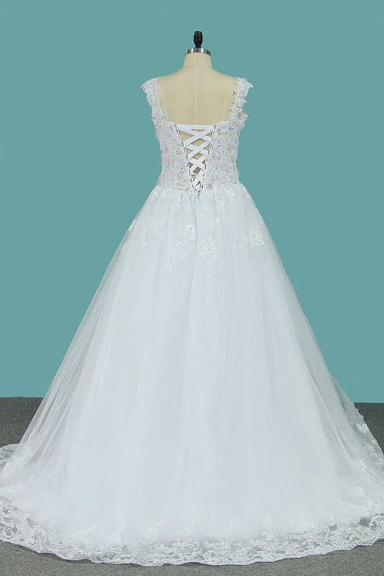 Wedding Dresses Off The Shoulder Tulle With Applique A Line Sweep Train
