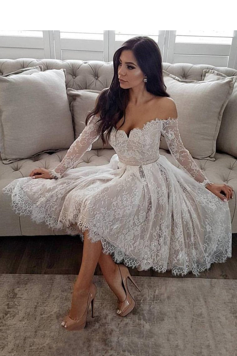 2021 Off The Shoulder Long Sleeves Homecoming Dresses A Line Lace With Sash